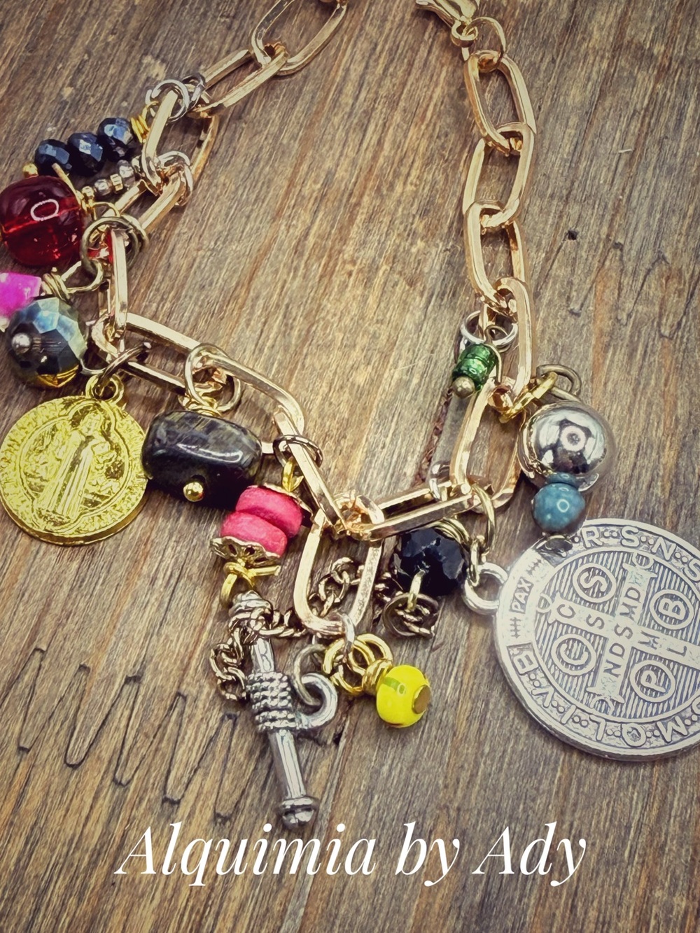 Gemstones Gold Charm Chain Bracelet with Multicolored Beads